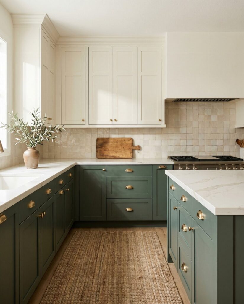 Two tone kitchen cabinets with white uppers and sage green lowers and marble countertops