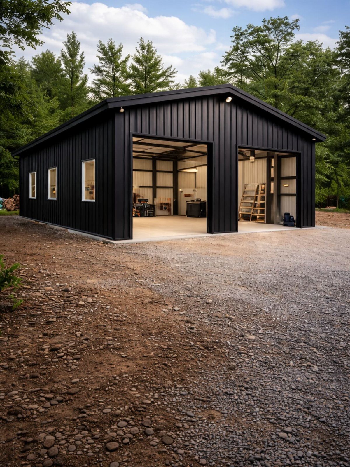 Black metal pole barn with open garage bays showing a workshop and storage area.