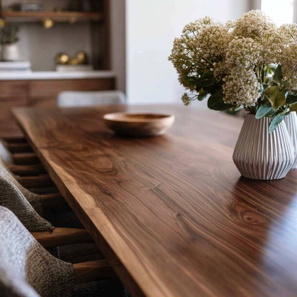Walnut dining room table with a wooden bowl and white flowers in a vase.