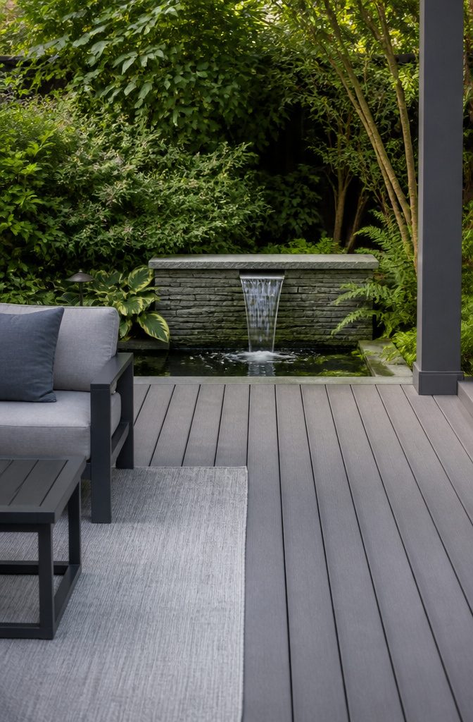 Deck featuring a serene water fountain surrounded by greenery.