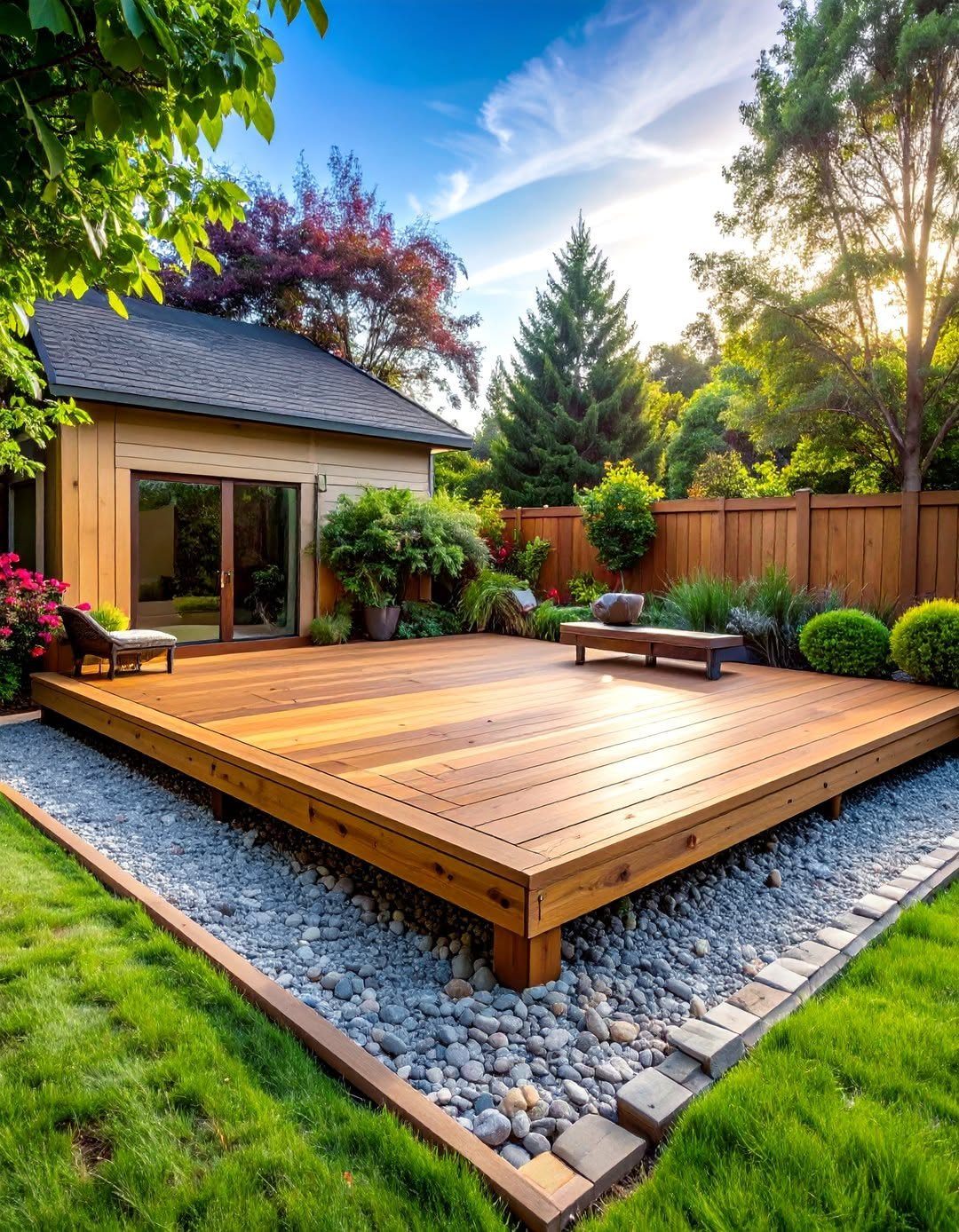 A wooden floating deck elevated above a bed of grey river stones in a garden.