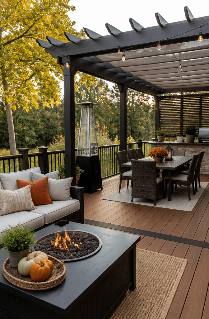 Deck with a pergola, weather-resistant furniture, and seasonal decor.