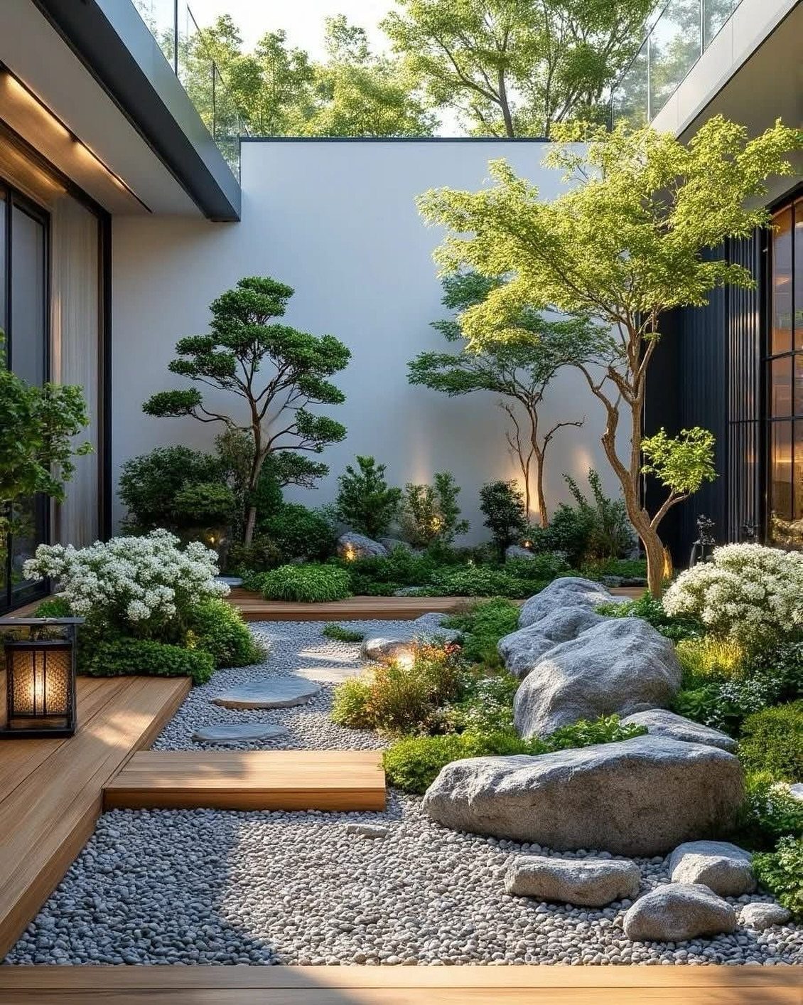 Zen courtyard with wooden decking, grey gravel, large rocks, and manicured greenery under soft lighting.